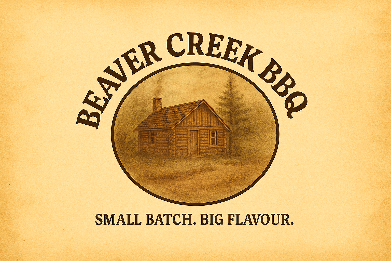 Beaver Creek BBQ logo with a cabin illustration on a beige background