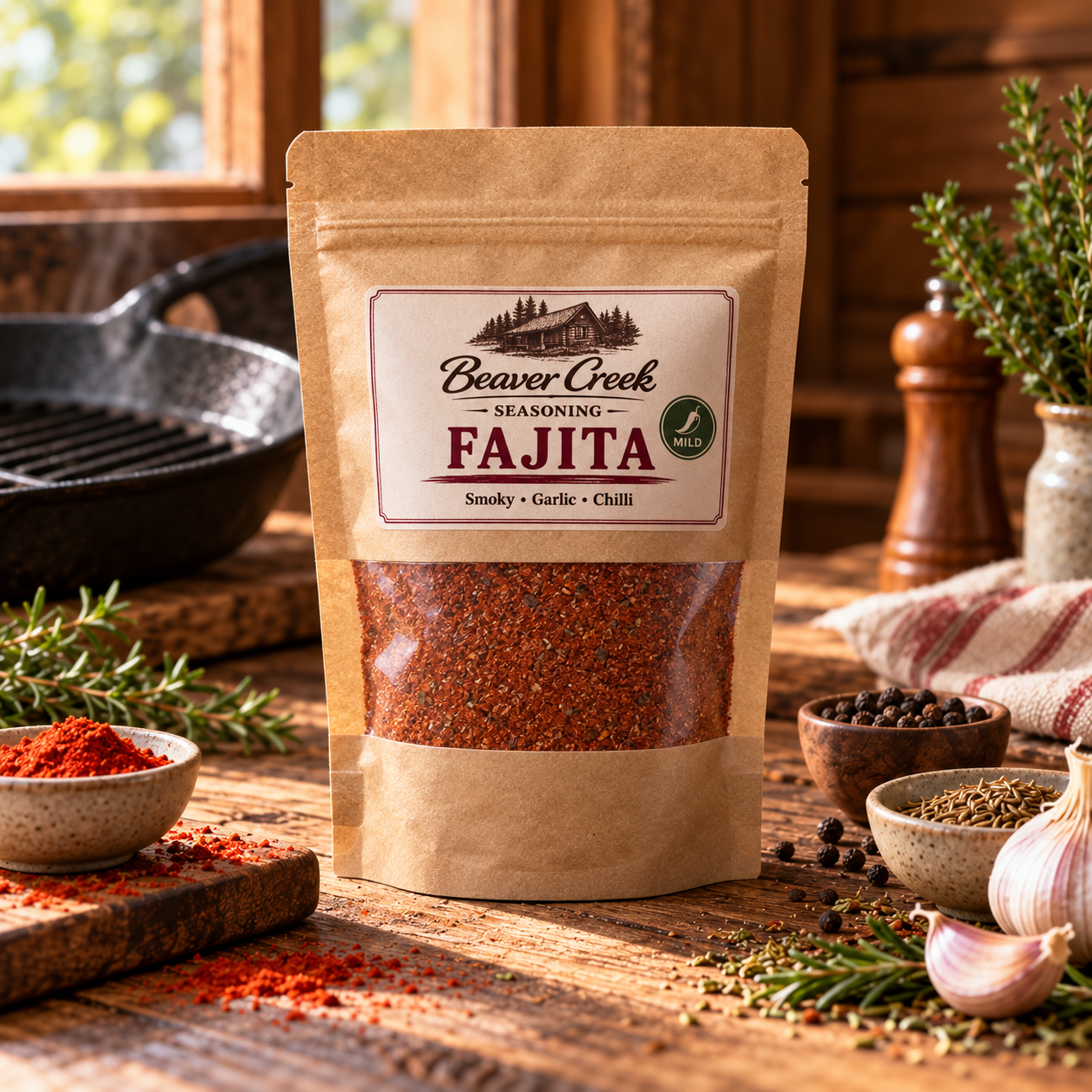 Fajita seasoning with smoked paprika, cumin and garlic by Beaver Creek BBQ