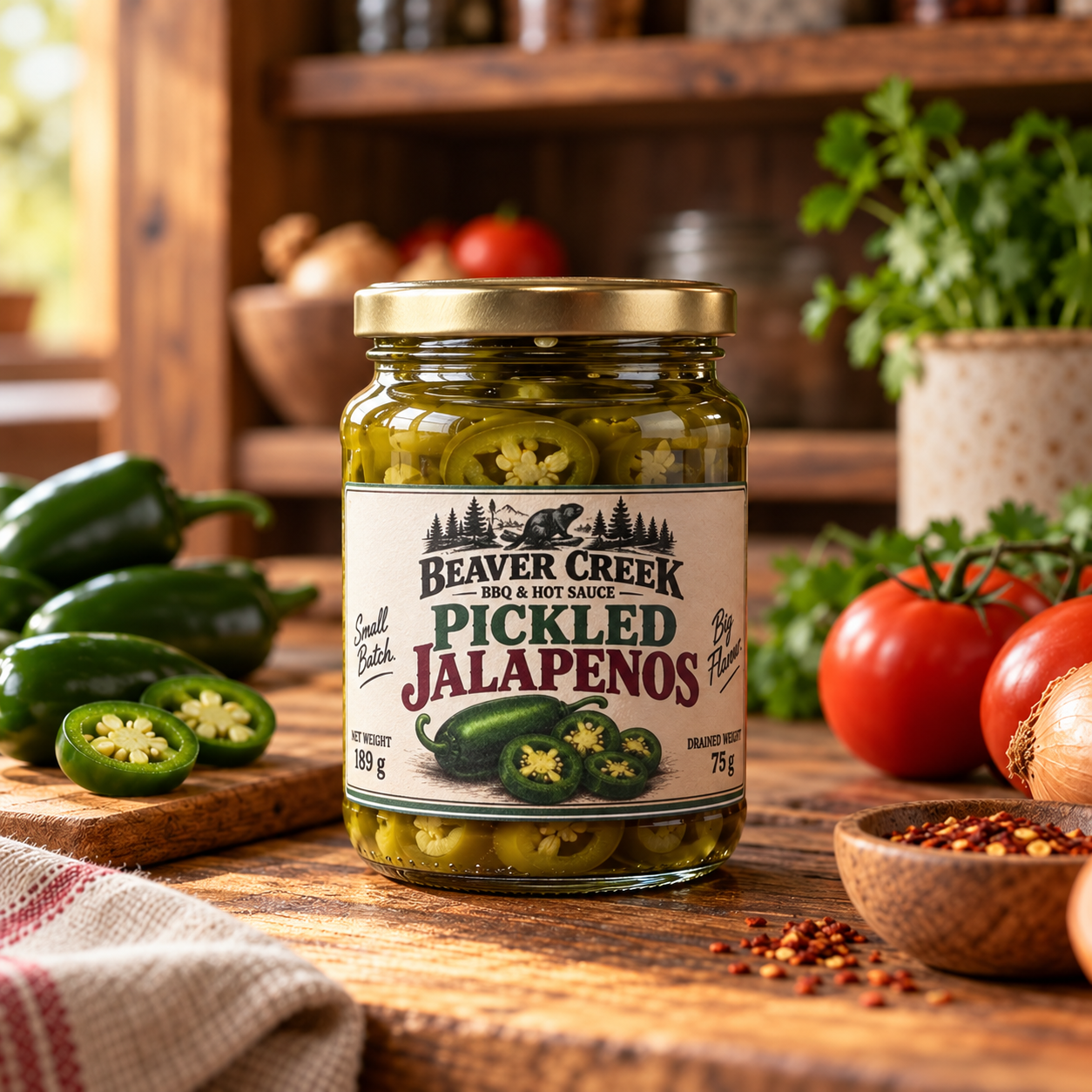 Four jars of Beaver Creek Pickled Jalapeños lined up on a wooden shelf