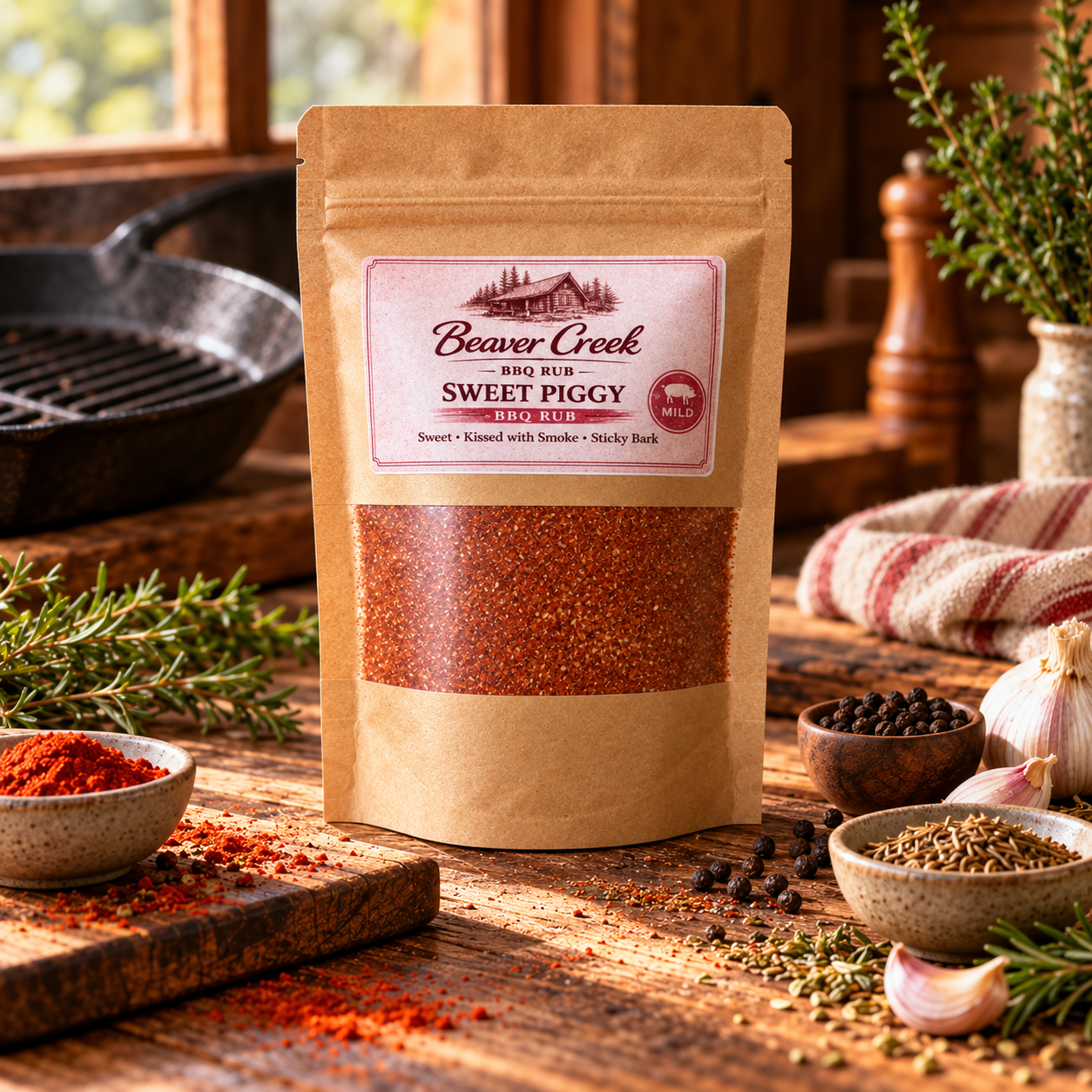 Sweet Piggy BBQ rub pouch for pork and ribs by Beaver Creek BBQ