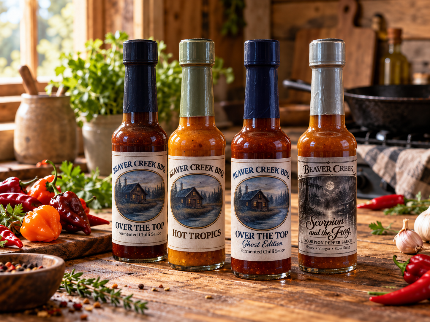 A colourful selection of Beaver Creek small-batch hot sauces on a timber table