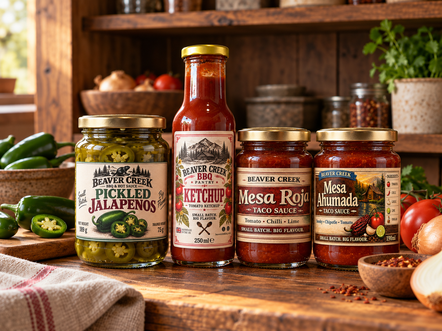 Rustic pantry sauces and jars ready for tacos and sharing food